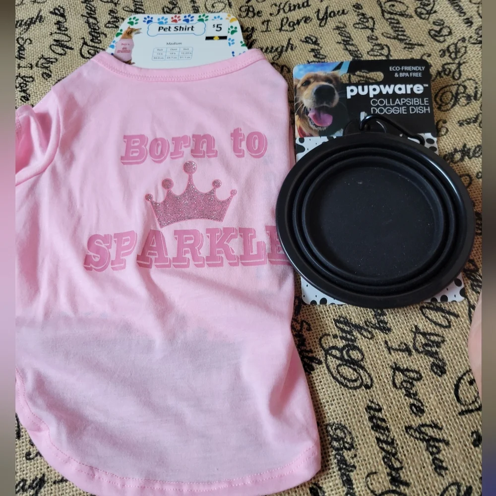 Pupware portable, collapsable dog dish, medium dog shirt-pink/black